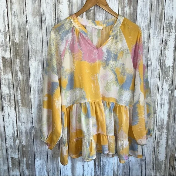 Entro Yellow, Blue Tired Ruffle Neck Blouse - Picture 2 of 6